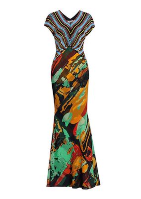 Sequined Paint Smear-Print Gown