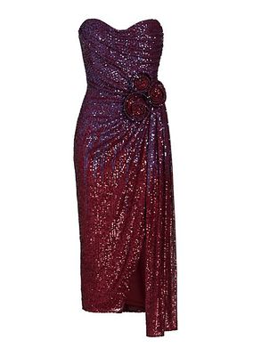 Sequined Rosette Strapless Midi-Dress
