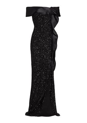 Sequined Satin-Ruffled Column Gown