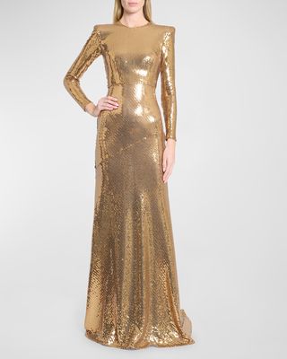 Sequined Strong-Shoulder Long-Sleeve Paneled Gown