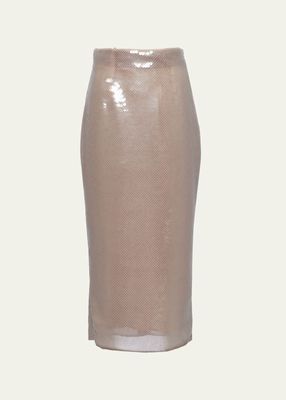 Sequined Tulle Pencil Midi Skirt