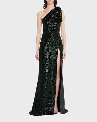 Sequined Velvet One-Shoulder Dress