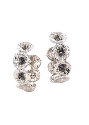 Serenity Multi-Flower Sterling Silver & Black Diamond Hoop Earrings