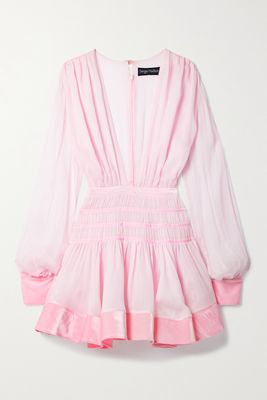 Sergio Hudson - Velvet-trimmed Smocked Tiered Silk-crepon Mini Dress - Pink