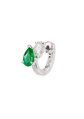 Serti Sur Vide 18K White Gold, Emerald & 0.28 TCW Diamond Single Huggie Hoop Earring - Right