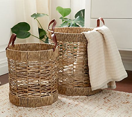 Set of 2 I/O Rattan Baskets w/Faux Leather Handles by