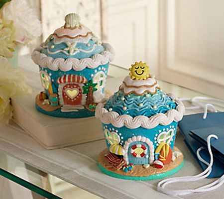 Set of 2 Lit I Love The Seashore Cupcake Houses by Valerie
