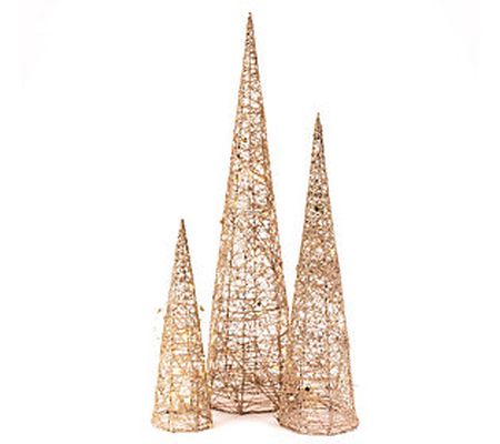 Set of 3 Lighted Holiday Cones by Gerson Co
