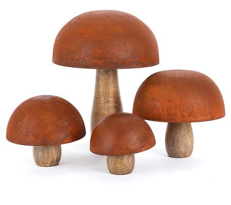 Set of 4 Metal and Wood Mushrooms by Gerson Int ernational