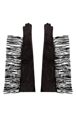 Seymoure Runway Fringed Long Leather Gloves in Black