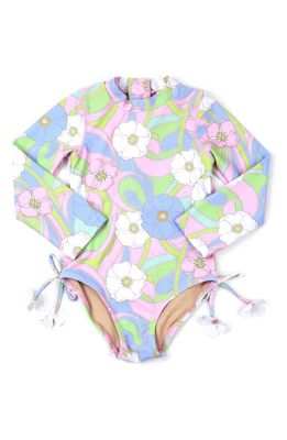 Shade Critters Groovy Daisy Long Sleeve One-Piece Rashguard Swimsuit in Pink Multi