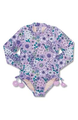 Shade Critters Mod Floral Long Sleeve One-Piece Rashguard Swimsuit in Purple