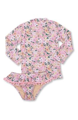 Shade Critters Pom Trim Long Sleeve Two-Piece Rashguard Swimsuit in Pink