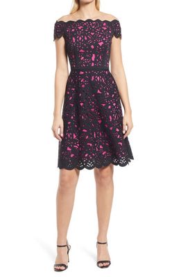 Shani Laser Cut Floral Off the Shoulder Fit & Flare Cocktail Dress in Black/Pink