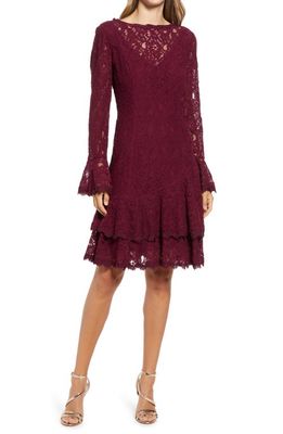 Shani Long Sleeve Tiered Lace Dress in Wine