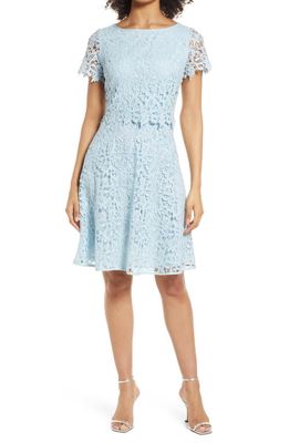 Shani Popover Lace Fit & Flare Dress in Dusty Blue