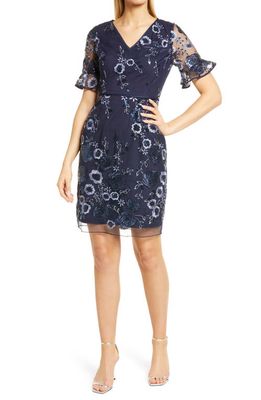 Shani Sequin Embroidered V-Neck Sheath Dress in Navy