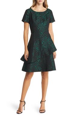 Shani Tiered Jacquard Cocktail Dress in Black/Green