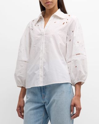 Sharon Broderie Anglaise Blouson-Sleeve Collared Top
