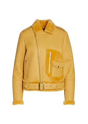 Shearling-Trimmed Leather Moto Jacket