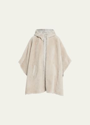 Shearling Zip-Front Hooded Poncho