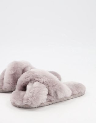 Sheepskin by Totes Daisy cross strap slippers in dove gray-Grey