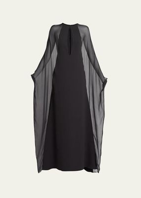 Sheer Chiffon Cape-Sleeve Keyhole Caftan Dress