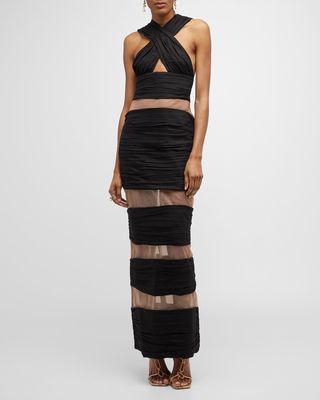 Sheer-Inset Cutout Crossover Halter Gown