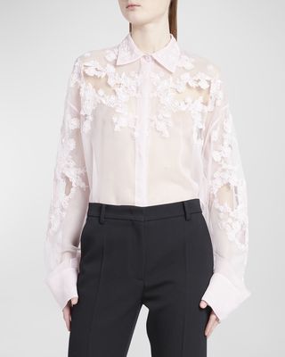 Sheer Lace Embroidered Button-Front Blouse