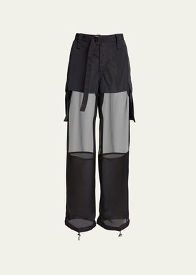Sheer Panel Belted Cargo Drawcord Pants