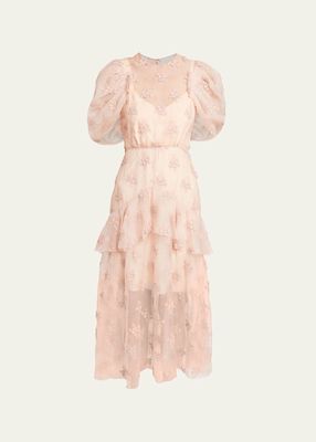 Sheer Peplum Midi Dress with Floral Embroidery