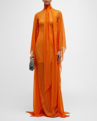 Sheer Tie-Neck Gown with Sweeping Dolman Sleeves