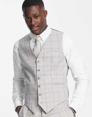 Shelby & Sons jessop slim fit check linen vest in gray