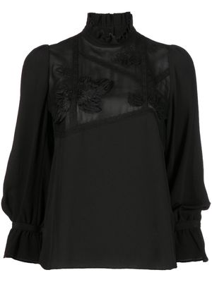 SHIATZY CHEN floral-appliqué crop-sleeve blouse - Black
