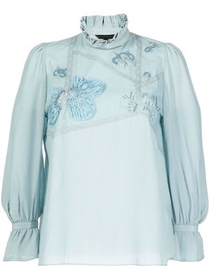 SHIATZY CHEN floral-appliqué crop-sleeve blouse - Blue
