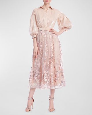 Shimmer Floral-Embroidered Midi Shirtdress