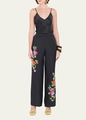 Shinjo Floral-Embroidered Wide-Leg Silk Pants