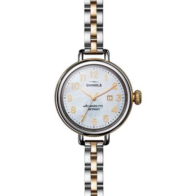 Shinola 'The Birdy' Bracelet Watch, 34mm in Silver/Bedrock Mop/Gold 