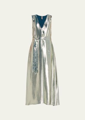 Shiny Self-Tie V-Neck Silk Dress