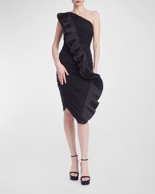 Shirred One-Shoulder Ruffle Midi Dress