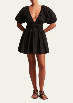 Shirred Plunge Balloon-Sleeve Mini Dress