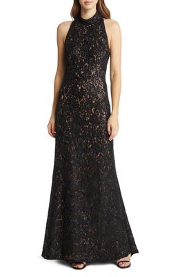 SHO by Tadashi Shoji Sequin Floral Corded Lace Halter Neck Sheath Gown in Black/Nude