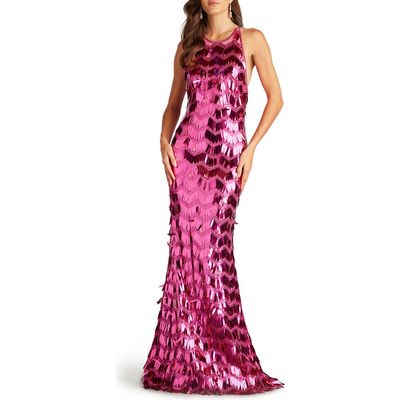 SHO by Tadashi Shoji Sequin Fringe Strappy Back Mermaid Gown in Wild Pink 