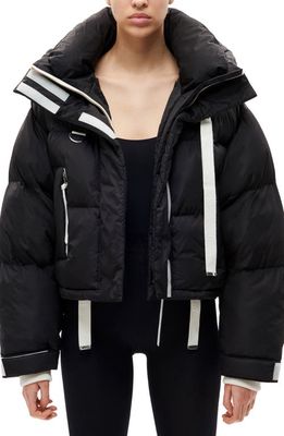 SHOREDITCH SKI CLUB Willow Ivy Water Repellent Insulated Short Recycled Polyester Puffer Jacket in Black/Soft White Trim