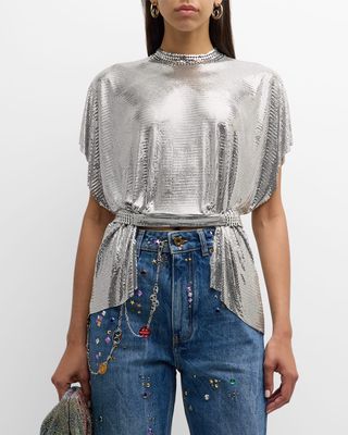 Short-Sleeve Belted High-Low Chainmail Top