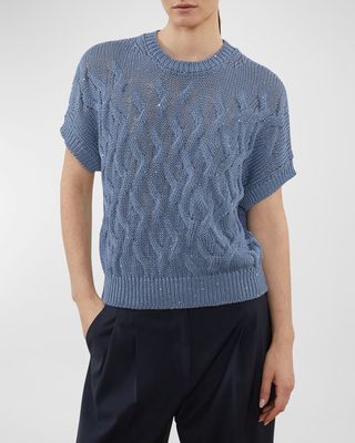 Short-Sleeve Cable-Knit Crewneck Sweater