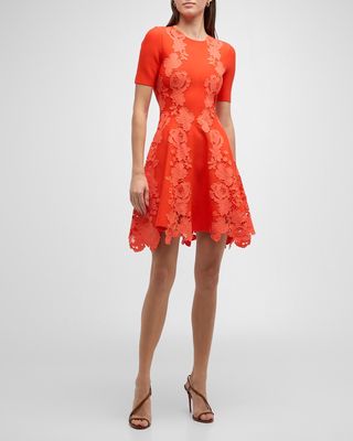 Short-Sleeve Mixed Botanical Inset Mini Dress