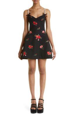 Shushu/Tong Crystal Pavé Strap Floral Embroidered Minidress in Black