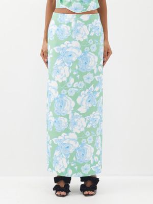 Shushu/tong - Floral Cotton-blend Maxi Skirt - Womens - Blue Green