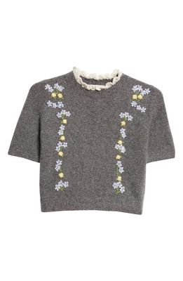 Shushu/Tong Floral Embroidered Lace Trim Crop Sweater in Grey